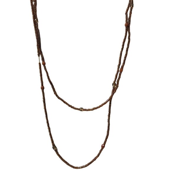 Handcrafted Boho Beaded Necklace Brown Gold Beads Minimalist Fashion Jewelry - Picture 1 of 5